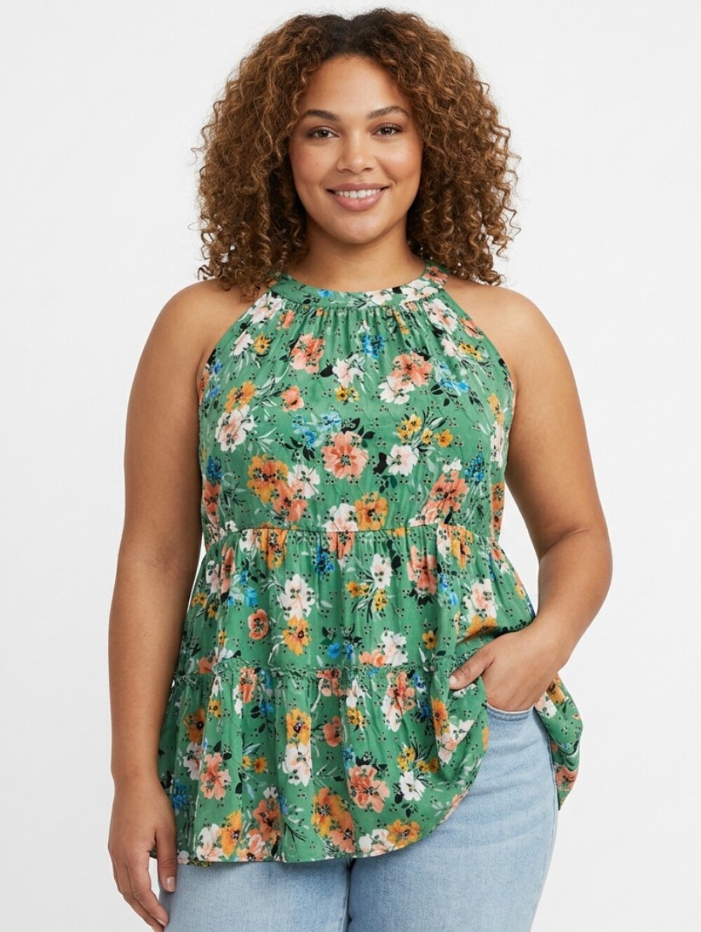 Torrid Green Floral Eyelet Tiered Halter Babydoll Top Size 1 1X 14-16 NWT